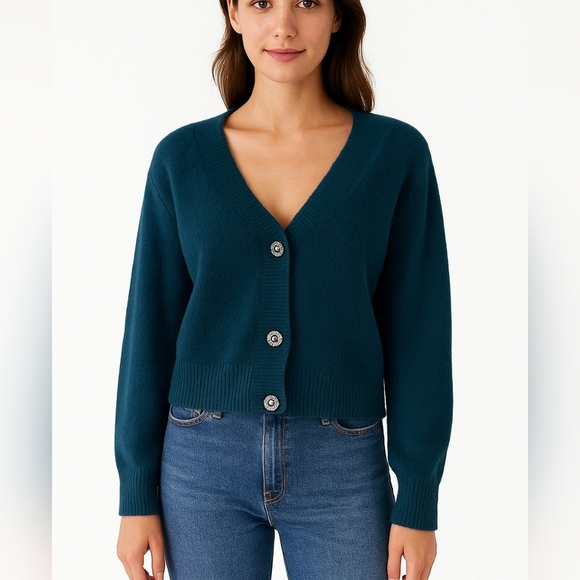 Joe Fresh/ Fuzzy/ Blue button up cardigan/ Gem buttons/ Stretchy/ Size US S - Picture 1 of 14